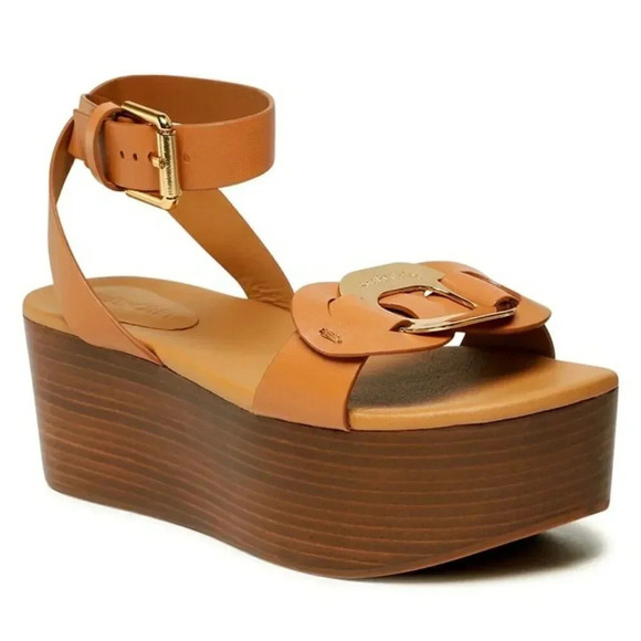 See by Chloe Women\'s Chany Logo Tan Wedge Platform Sandals Size 37 (MSRP $495)